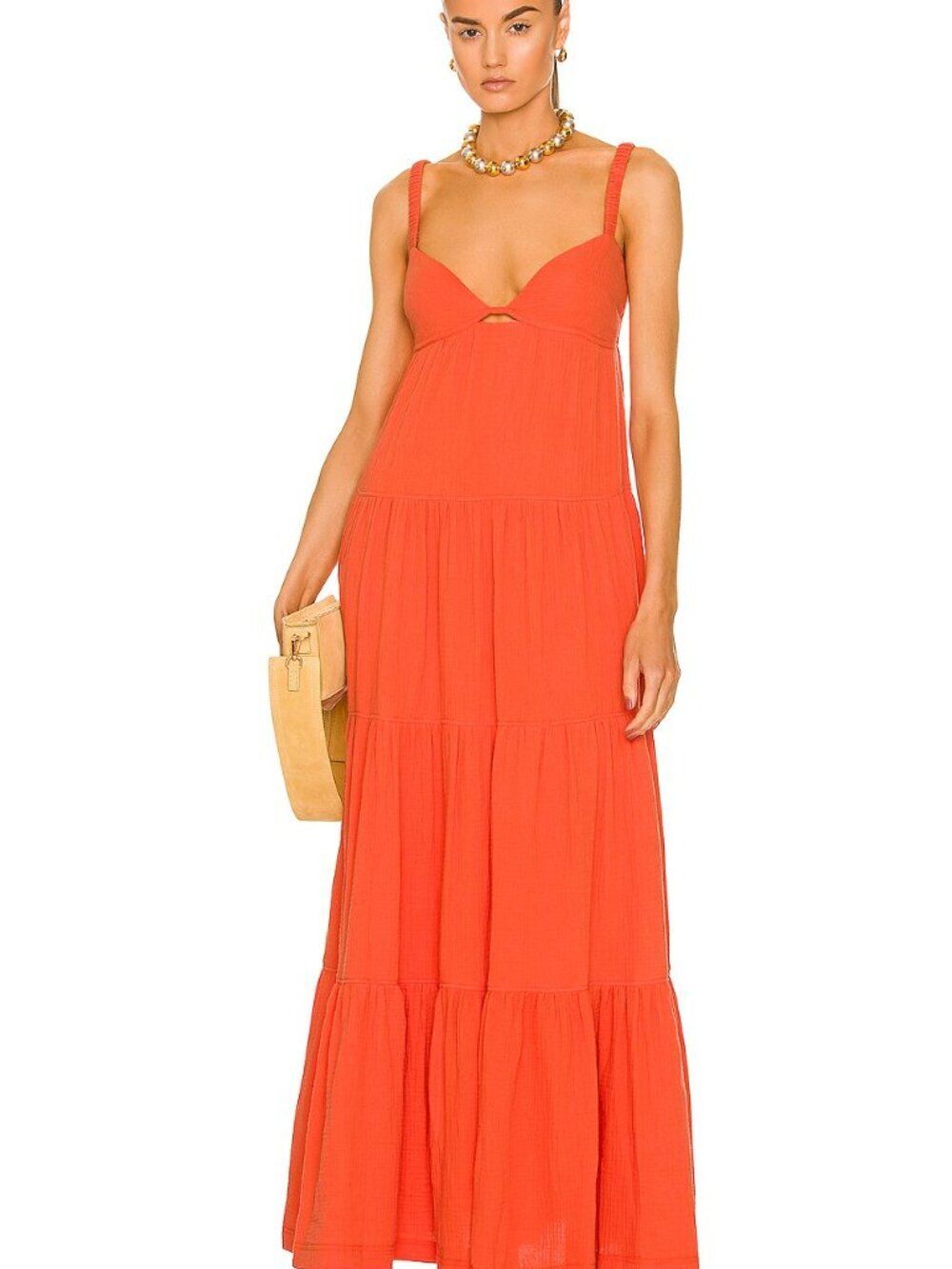 Jonathan SIMKHAI Mirabelle Cotton Gauze Maxi Dress Chili Orange Flowy Sundress S